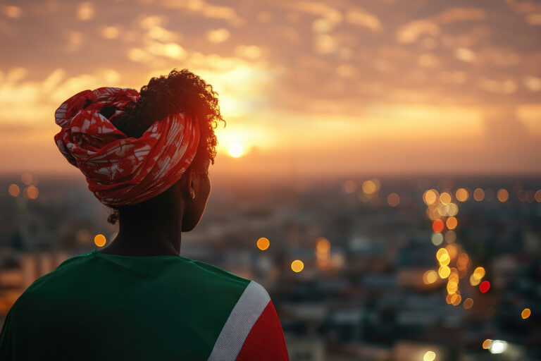 A nigerian woman wearing green and red attire faces away from the camera overlooking a blurred city with a sunset in the background